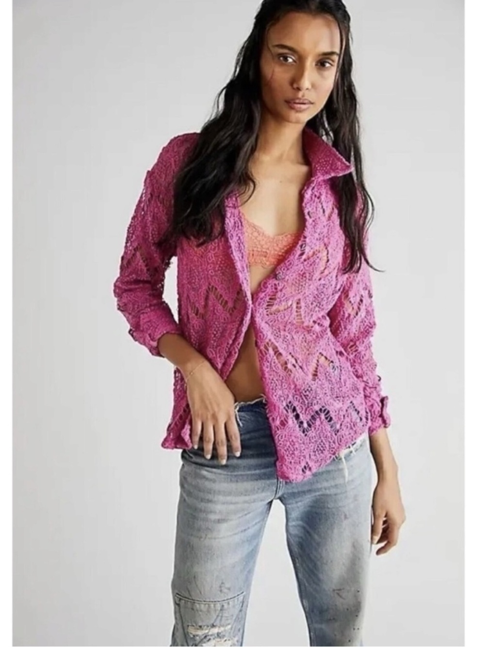 Free Peoole Until Sundown Crochet Shacket Shirt Small Gin Fizz Pink NWOT